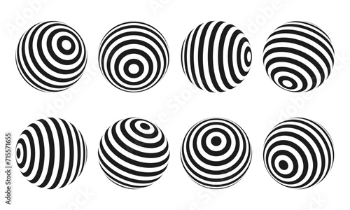 Abstract optical illusion sphere. Hypnotic spiral ball with black and white lines. Vector illustration.