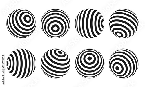 Abstract optical illusion sphere. Hypnotic spiral ball with black and white lines. Vector illustration.