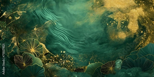 Enchanted Realm: Fantasy World Illustration with Prehistoric Flora in Green and Gold Hues