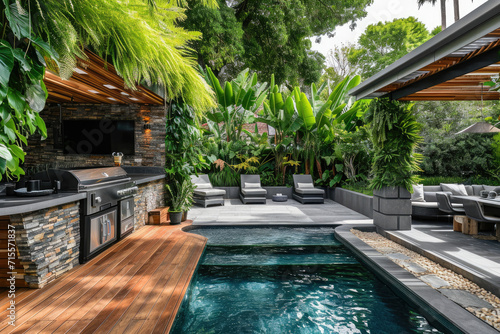 An outdoor entertainment area with a built-in barbecue and a bar setup, many plants, and a mini pool © Kien