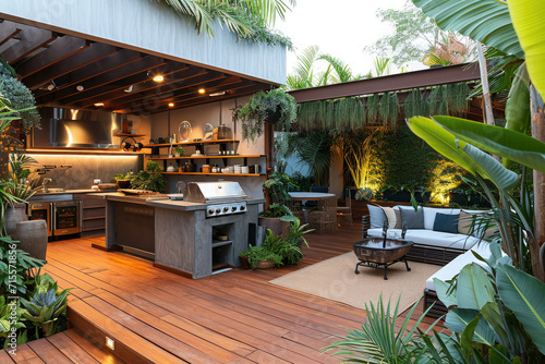 An outdoor entertainment area with a built-in barbecue and a bar setup, many plants