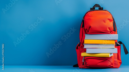 Bolsa vermelha escolar com livros isolado no fundo azul photo