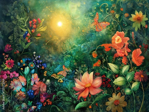 Enchanted Garden  Luminous Floral Wonderland with Butterflies  Fairies  and Berries Illustration