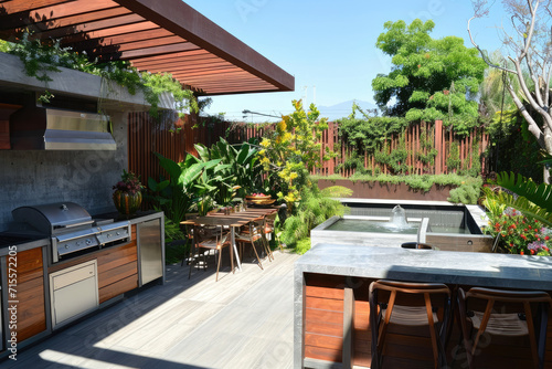 An outdoor entertainment area with a built-in barbecue and a bar setup  many plants