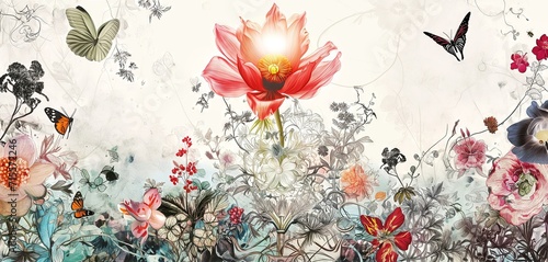 Enchanted Garden: A Luminous Composition of Floral Fantasy with Butterflies and Fairies