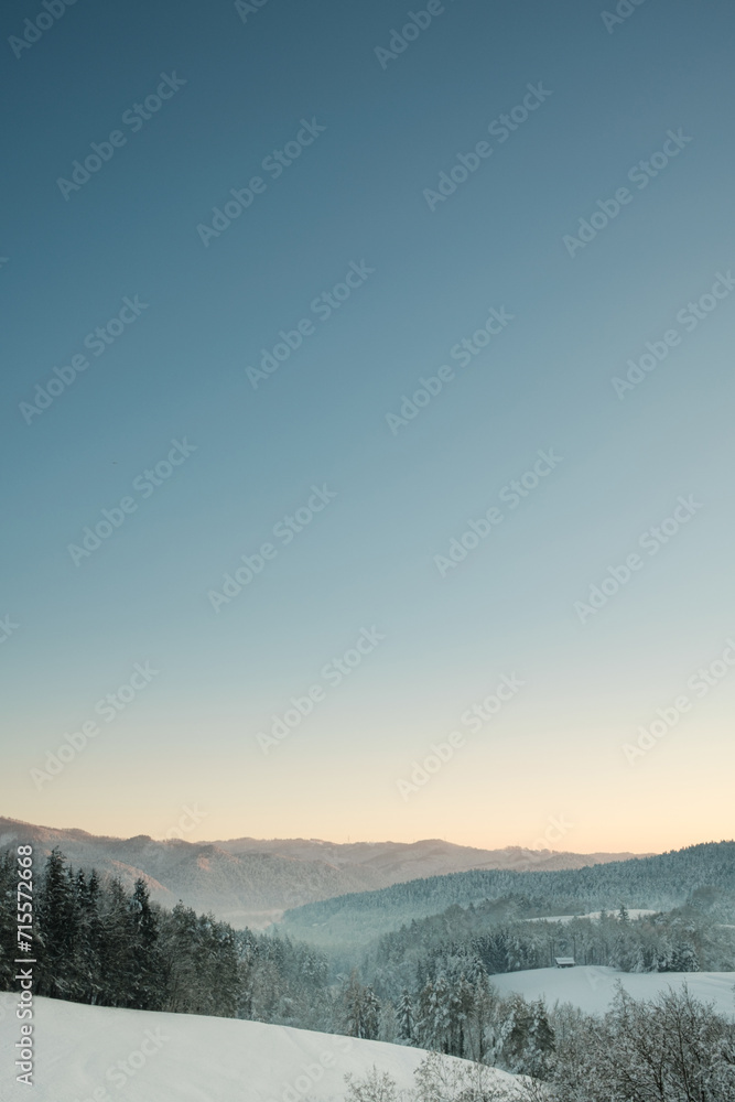 Winter mountains landscape, view from a local hill in Ljubljana, Slovenia	