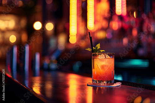 Colorful cocktails in a glass on the bar counter, neon lights on dark night background with lights photo