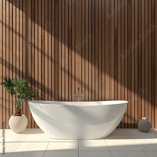 a tub on a wall with wood slats 