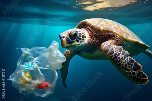 sea turtle underwater plastic bag, ocean pollution.