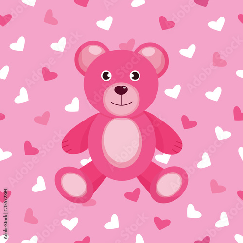 Pink teddy bear on a seamless background with hearts.Valentine's Day.Girly.Y2k pattern.