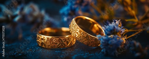Enchanted Floral Patterned Golden Wedding Bands with 3D Effect on a Shimmering Backdrop - Macro Photography