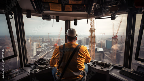Profession crane operator. A man in a special uniform and a helmet on his head sits and works in the cabin of a construction high-rise crane.From the window you can see a large city under construction