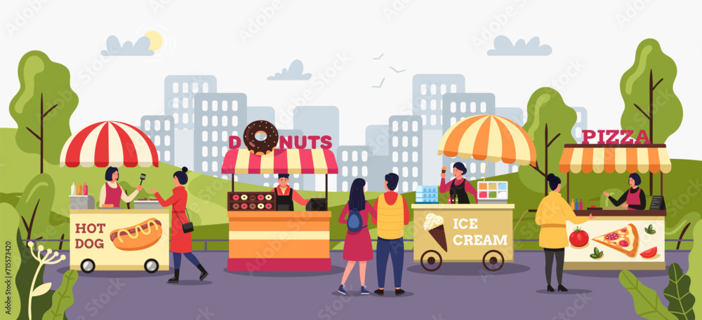 Street market. People buying food at outside vendors. Kiosks selling pizza, hot dogs, ice cream and donuts