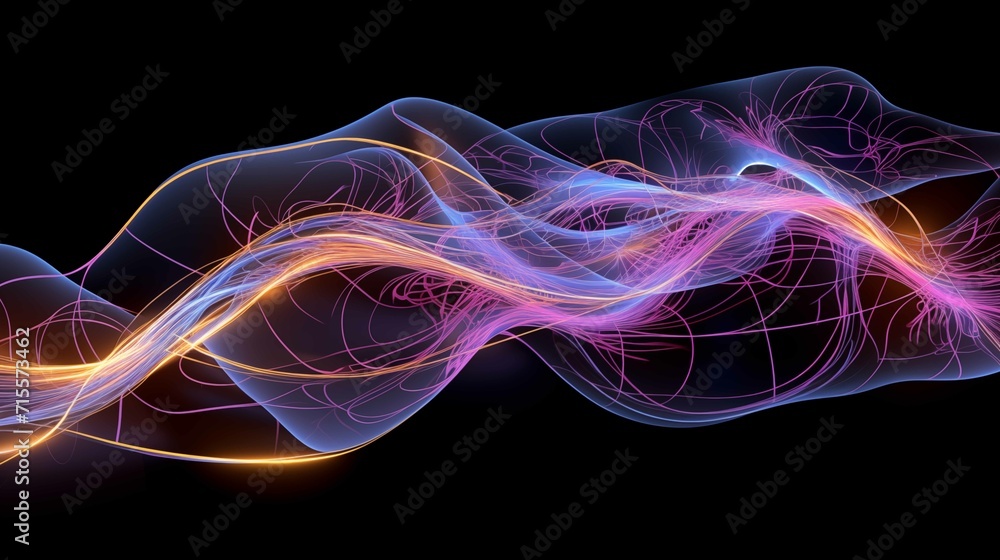 Dynamic and colorful abstract waves representing neural activity or data flow on a black background Dynamic and colorful abstract waves representing neural activity or data flow on a black background