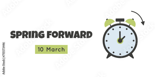 Daylight saving time banner with alarm and arrow turning to an hour forward. Simple vector illustration with clock, summer time march change reminder.