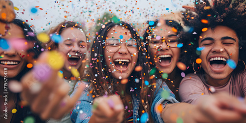 Happy friends celebrating throwing confetti in the air - Young people having outdoor party - Students having fun together at college campus - Youth culture concept photo