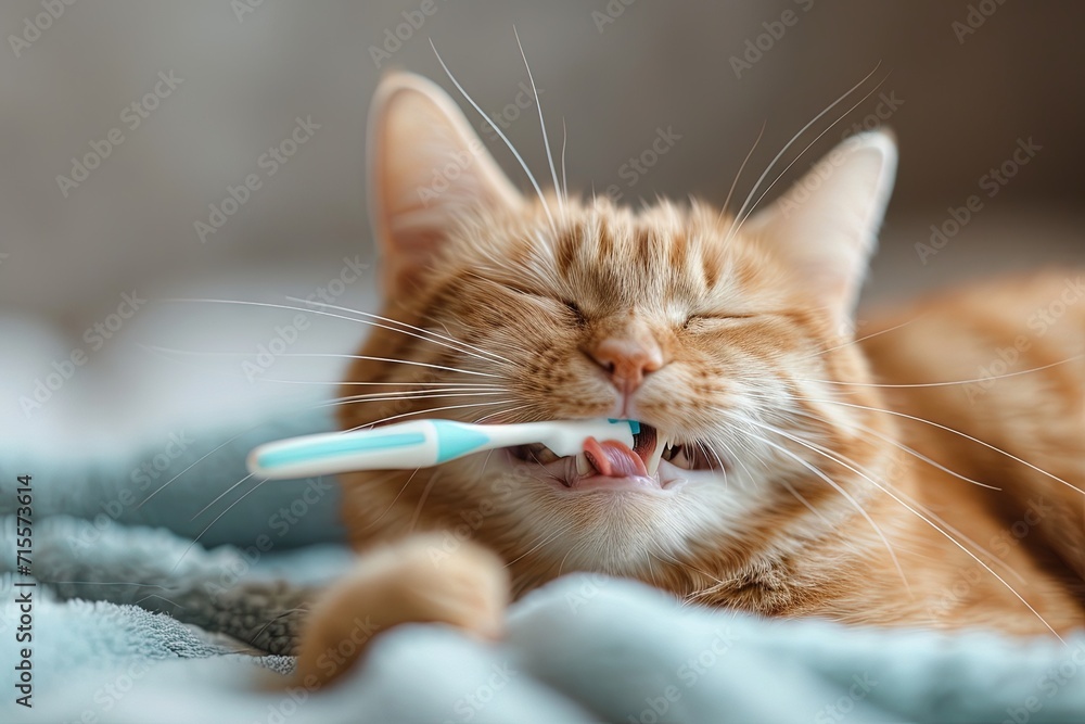 cat carefully brushing its teeth with a toothbrush and toothpaste Cat