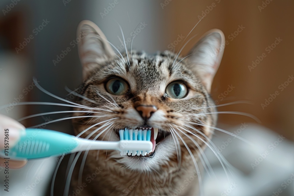 cat carefully brushing its teeth with a toothbrush and toothpaste Cat