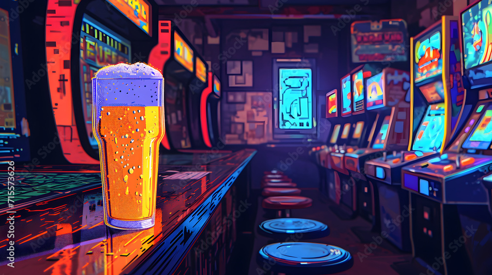 Lo-fi illustration of beer pint on a table un a 90s arcade center. Drinks. - obrazy, fototapety, plakaty 