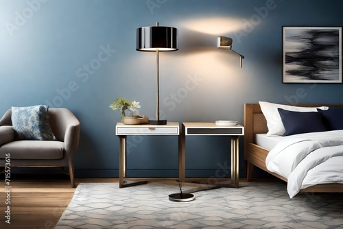 A modern contemporary bedside table lamp could feature sleek and clean lines, perhaps with a geometric or minimalist design. Consider using materials like brushed metal, glass, or matte finishes. The 