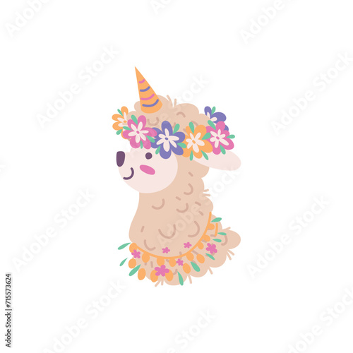 Llama alpaca unicorn head with wreath of flowers, Lama animal cartoon vector isolated, cute funny curly fur animal © sabelskaya