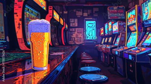 Lo-fi illustration of beer pint on a table un a 90s arcade center. Drinks. photo