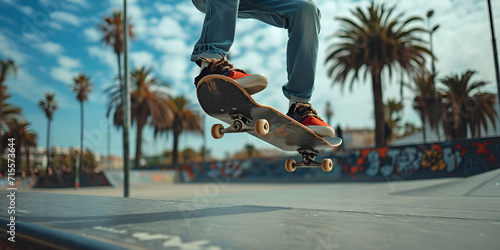 Skater doing kickflip on the ramp at skate park - Stylish skaterboy training outside - Extreme sport life style concept photo