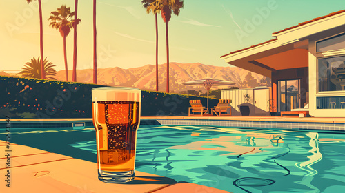 Lo-fi illustration of beer pint on a poolside in a malibu house. Drinks.