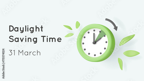 Daylight saving time banner with 3d vector clock render, green leaves, and arrow turning to an hour forward. Summertime reminder illustration with text. Classic watch. Calendar date.
