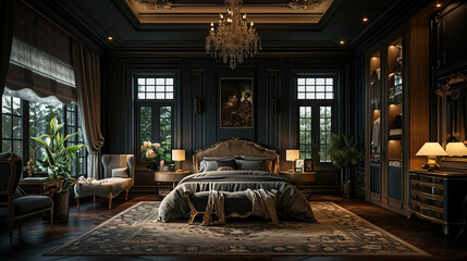 Tableau sur toile  The dark-colored bedrooms create an atmosphere of an elegant and cozy room where you can relax and unwind. The center of attention of this banner is a large bed covered with soft black sheets and deco  © Shunia
