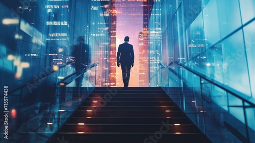 Businessman climbing stairs among night office buildings photo