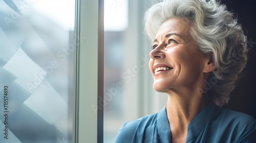 American senior business woman looking at the window 