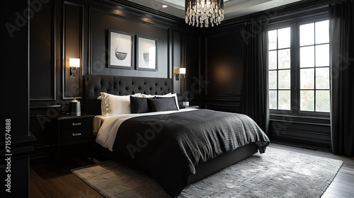 The dark-colored bedrooms create an atmosphere of an elegant and cozy room where you can relax and unwind. The center of attention of this banner is a large bed covered with soft black sheets