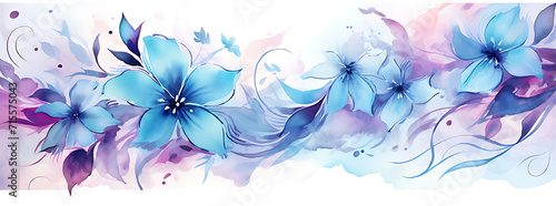 Flower whimsical watercolor painting wallpaper - turquoise blue purple floral oil painting panorama artwork - horizontal colorful modern hand painted landscape panoramic luxury canvas art