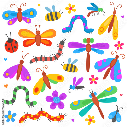 Colorful cute insects  butterflies  flies  caterpillars  bugs  dragonflies. Bright simple illustrations. Happy bright children s illustration.