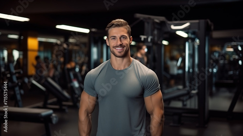 muscular man in gym working out. 
