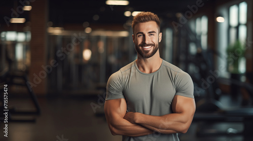 muscular man in gym working out.  photo