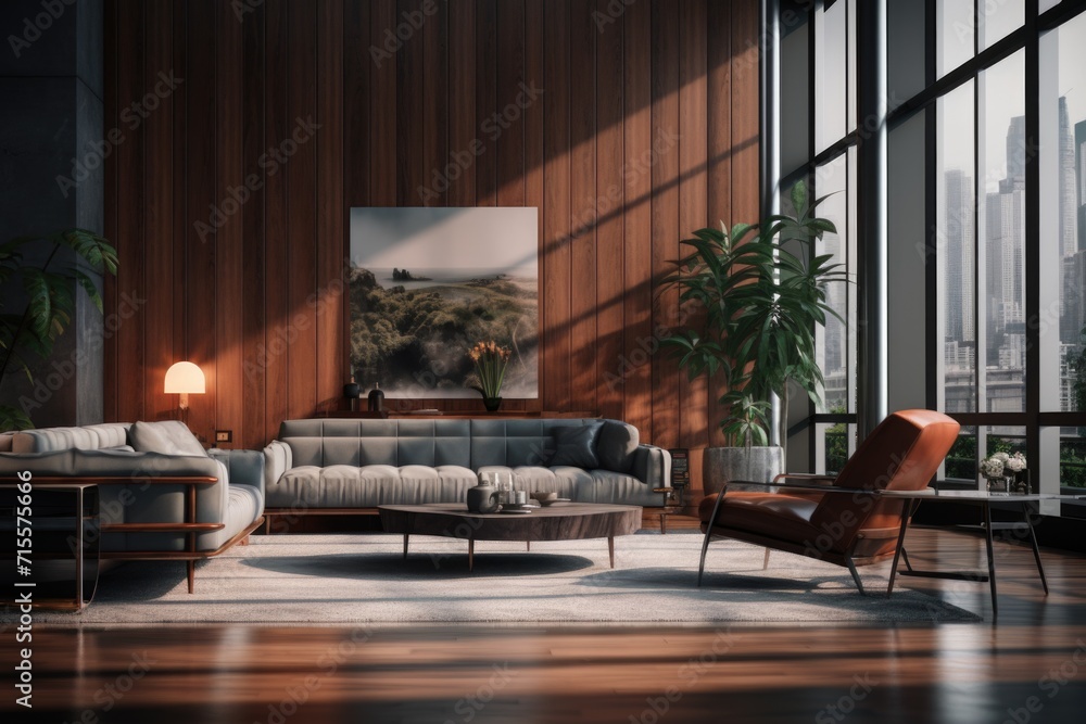 Fototapeta premium Interior modern living room with wooden walls, concrete floor, comfortable gray sofa and armchair standing near round coffee table.