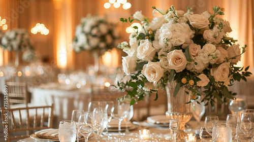 The wedding bouquet on the table is an exquisite and elegant accessory that adds luxury and romance to the wedding space.