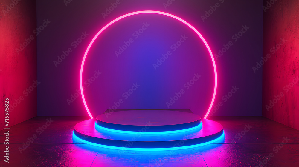 A podium with a neon light background. The podium displays products with neon circles and a smoky effect on a dark background, creating a vibrant neon glow. A podium with a neon light background. The podium displays products with neon circles and a smoky effect on a dark background, creating a vibrant neon glow.