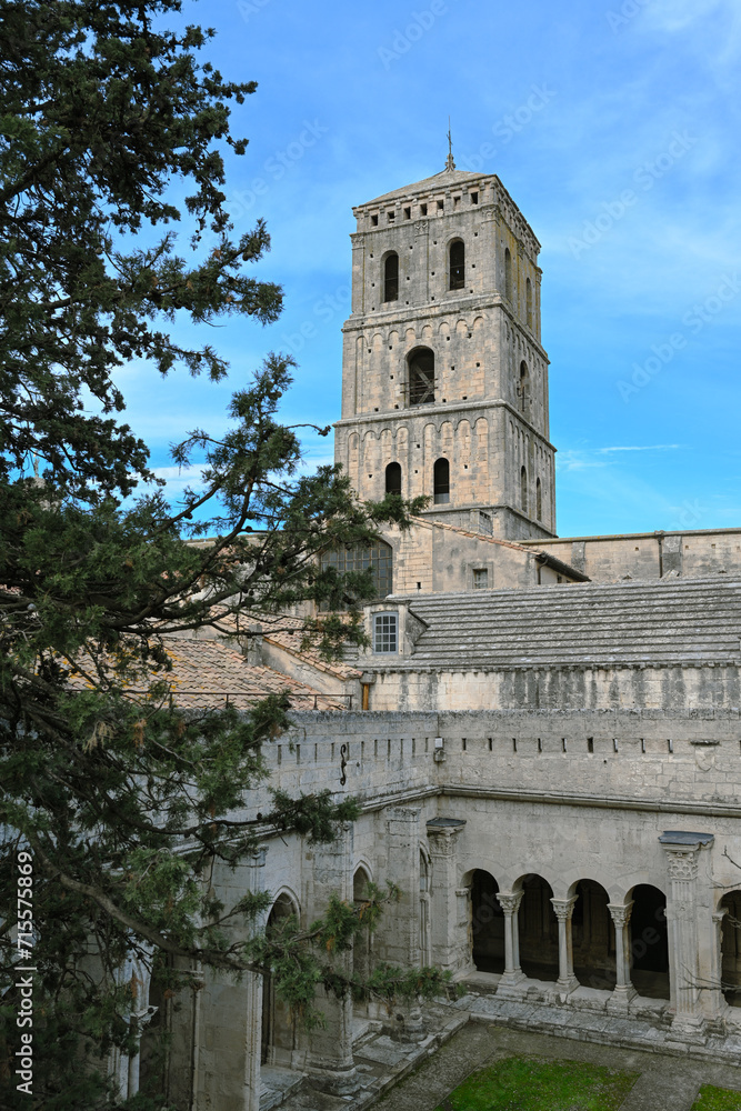Obraz premium Cloister and tower of the Church of St Trophime, Saint Trophime cathedral, Arles, Provence, France. Pine tree in the foreground.