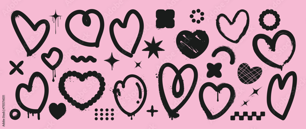 Set of y2k style valentine element vector. Hand drawn graffiti spray texture collection of heart in black, pink, pixel art . Romance design illustration for print, cartoon, card, decoration, sticker. Set of y2k style valentine element vector. Hand drawn graffiti spray texture collection of heart in black, pink, pixel art . Romance design illustration for print, cartoon, card, decoration, sticker.