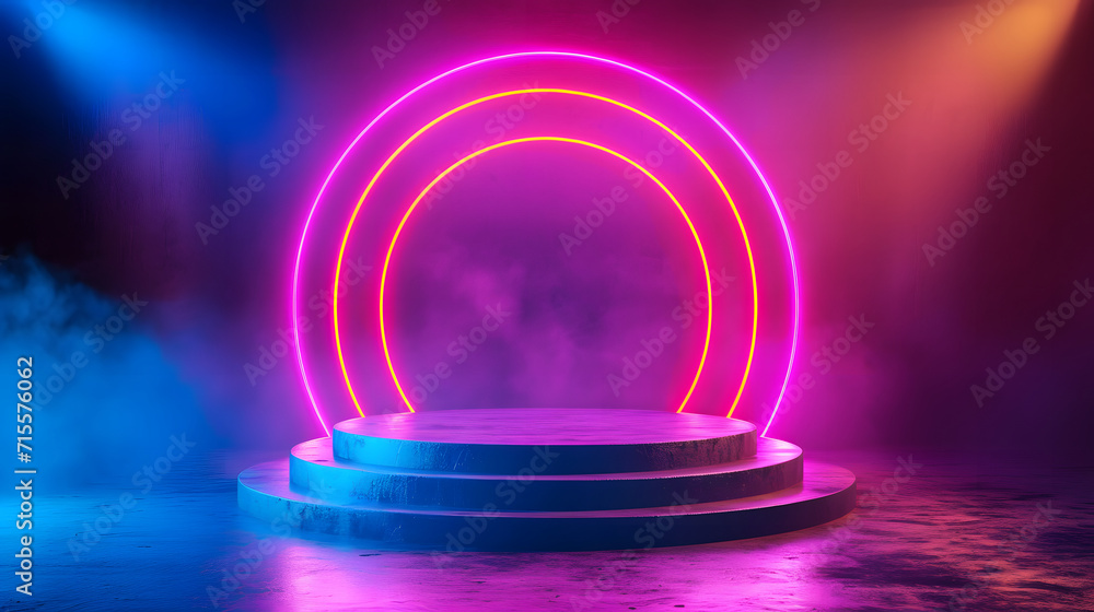 A podium with a neon light background. The podium displays products with neon circles and a smoky effect on a dark background, creating a vibrant neon glow. A podium with a neon light background. The podium displays products with neon circles and a smoky effect on a dark background, creating a vibrant neon glow.