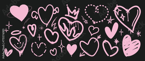 Set of spray paint valentine element vector. Hand drawn graffiti texture style collection of heart in black and pink color. Romance design illustration for print, cartoon, card, decoration, sticker.