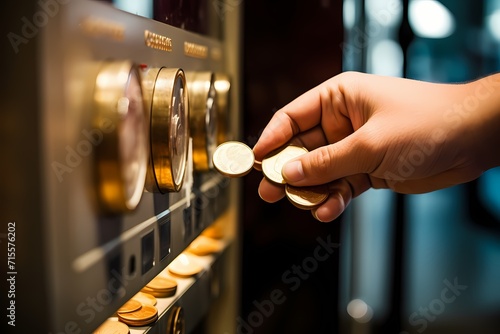 A close-up of a hand inserting a coin into a vending machine, representing financial transactions.