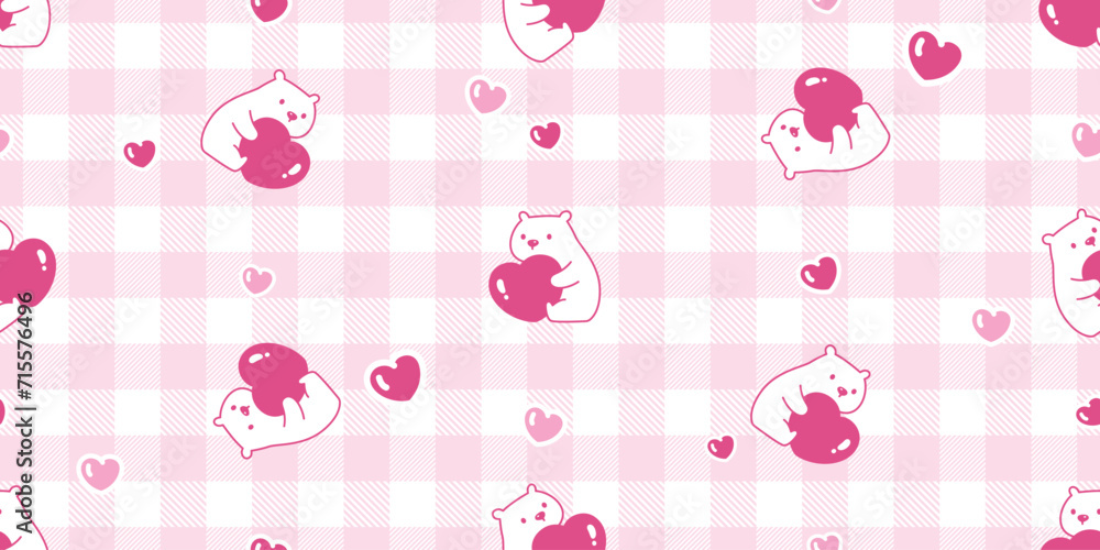 bear polar seamless pattern heart valentine vector checked teddy tartan plaid pet cartoon doodle gift wrapping paper tile background repeat wallpaper illustration scarf isolated design