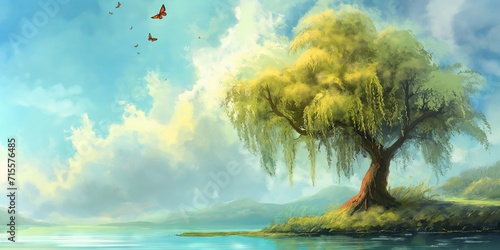 Serene Lakeside Willow and Butterfly - Artistic Nature Wallpaper Illustration © Vasilya