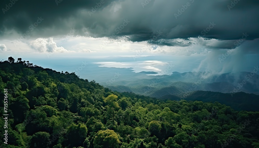 View of the sea of clouds from the top of the mountain peak before storm. Tropical rainforest. View of the sea of clouds from the top of the mountain peak before storm. Tropical rainforest.