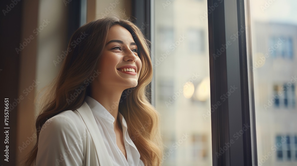 American young business woman looking at the window American young business woman looking at the window
