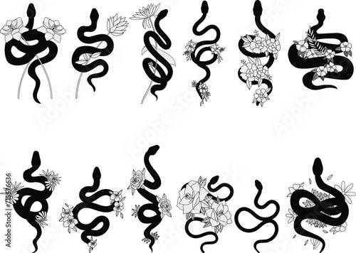 Set of black and white floral snake tattoo. Snake silhouettes